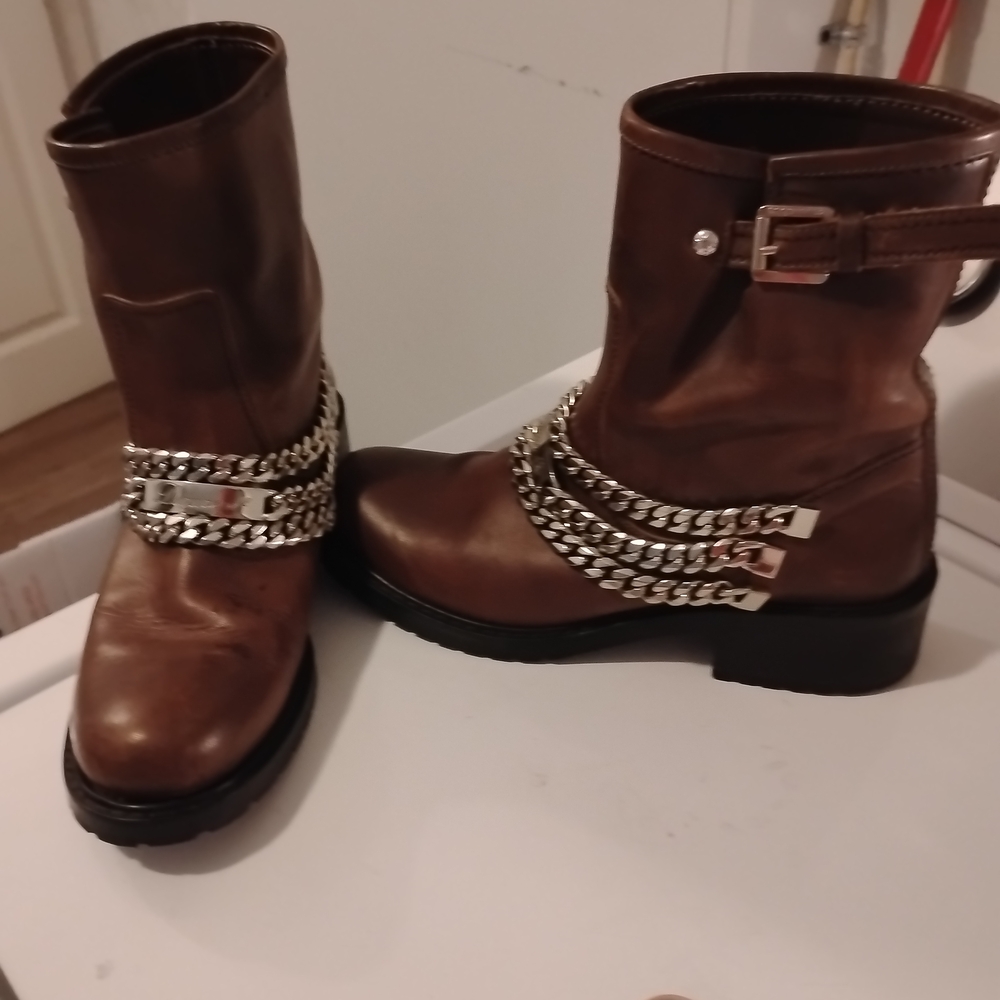 DSQUARED2 Brown Silver Ankle Booties with Chain Detail Size 40
